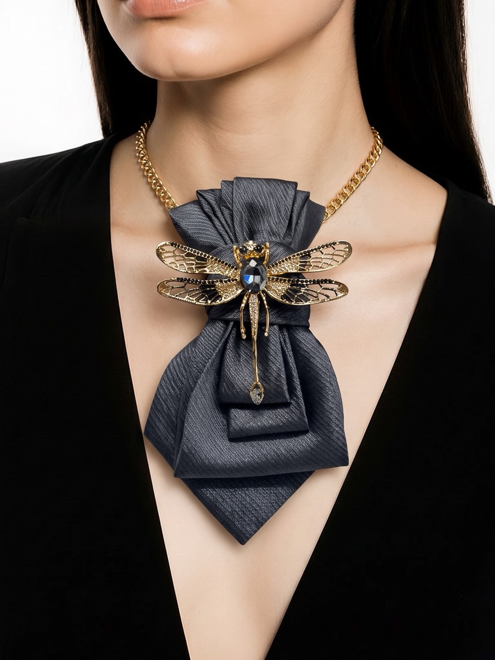 CHIC CHICK UPCYCLE | Statement Gold Dragonfly Tie Necklace on Gray Tie